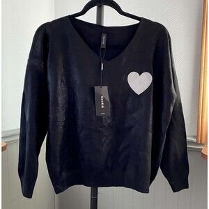Venti6 Italy Black V-Neck Sweater with Silver Glitter Heart – One Size